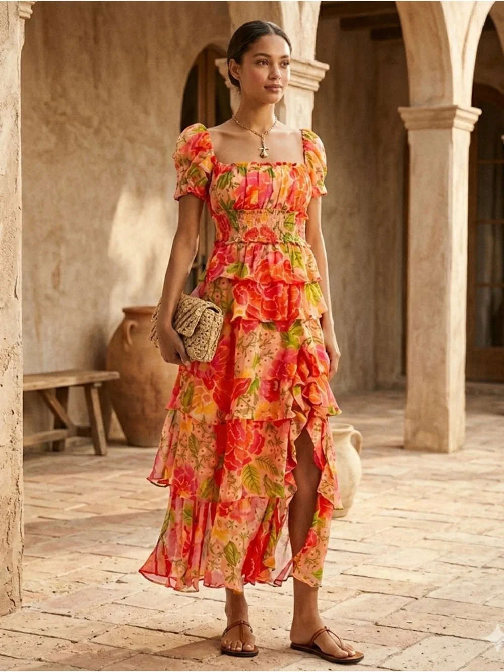 Farm Rio Blooming Floral Maxi Dress XS Smocked Puff Sleeve NWT - Picture 4 of 16